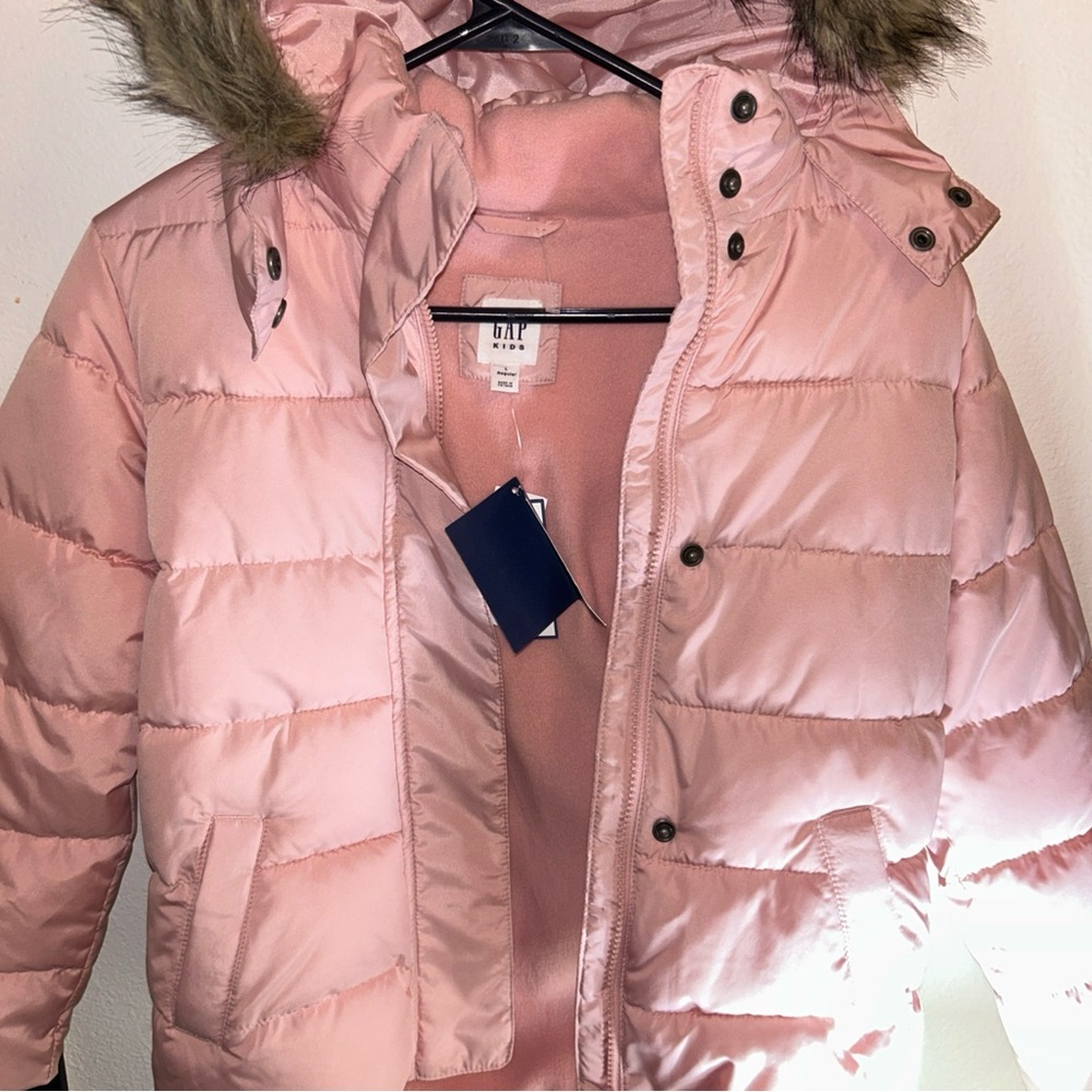 Gap Pink Puffer Jacket with Faux Fur Hood